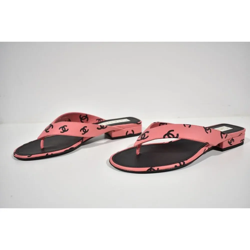 Chanel 22S Pink Black Printed Lambskin CC Logo Thong Flat Flip Flop Sandal 37 - Picture 10 of 12